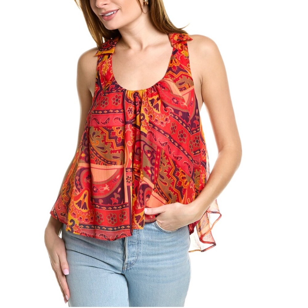 Free People Red Multi Paisley Scoop Neck Sleeveless Blouse